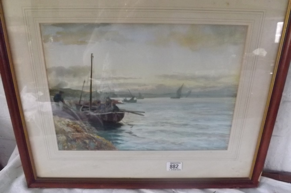 WILLIAM CARLAW - Figures loading nets into fishin boat - 10 x 13 - signed