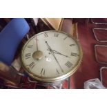 A large 19thC brass framed stable yard clock with enamel dial - Fussee movement - 20" wide