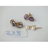 Three pairs of earrings (1 x pearl & 2 x stone set)