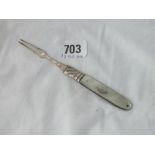 Attractive Georgian silver and m.o.p. two-pronged fork