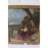 VICTORIAN SCHOOL - Seated mother & child in landscrape - on board - 17 x 14