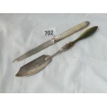 Butter knife with green stained handle probably 1796 and a French knife with m.o.p. handle