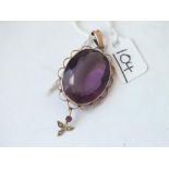 A large amethyst oval stone pendant with pearl drop set in 9ct - 8.3gms