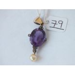 A amethyst & diamond & pearl drop pendant - 6.3gms