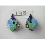A pair of unusual silver & enamel bird ear clips