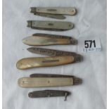 Six fruit knives, five with MOP sides