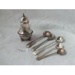 Baluster-shaped Victorian pepper and four cruet spoons