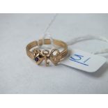 A novelty 9ct heart, key & padlock sapphire set ring - size P - 2.5gms