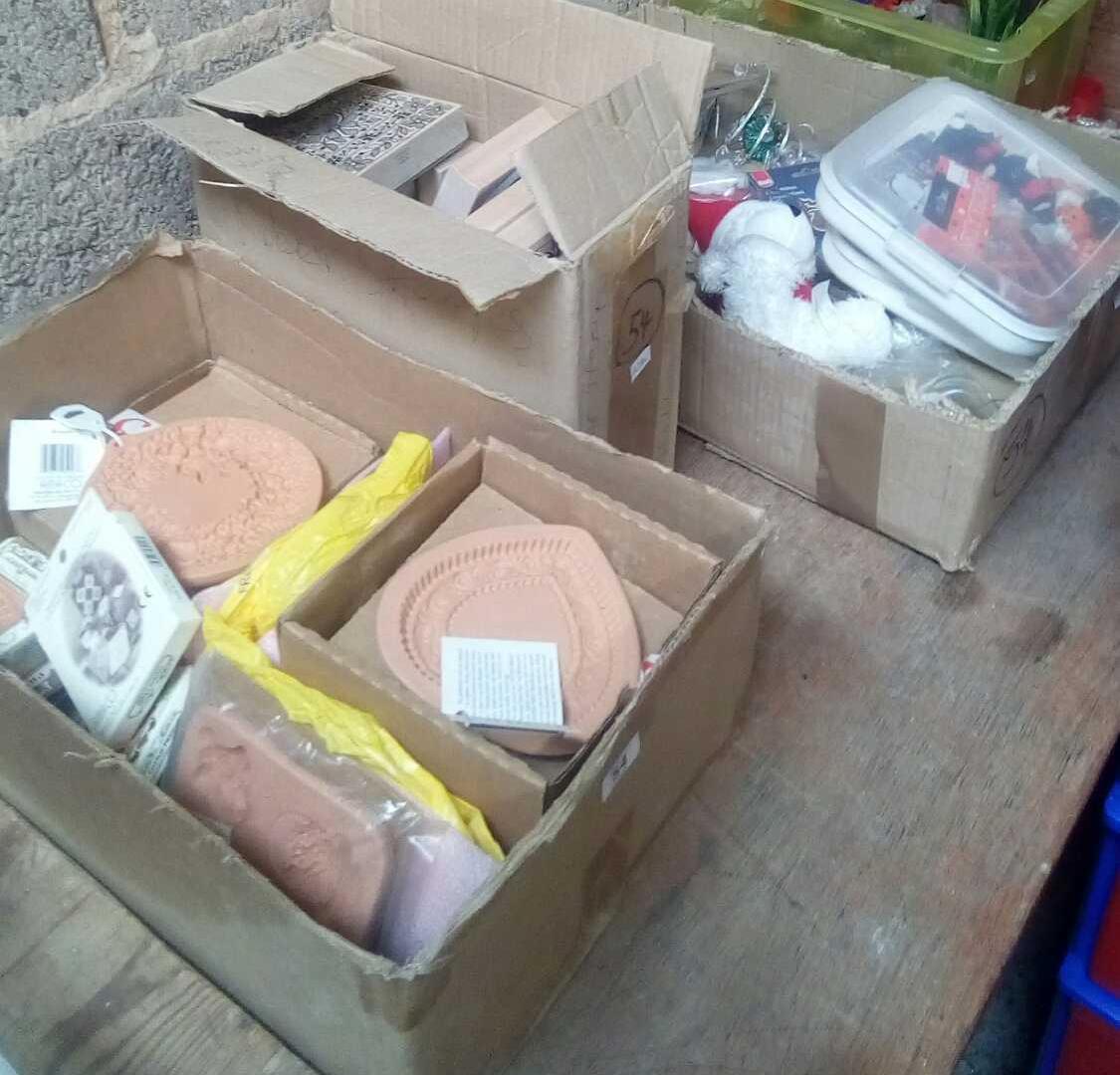 FOUR CARTONS OF CLAY MOULDS, PRINTING BLOCKS, CHRISTMAS DECORATIONS INCL; HALLOWEEN & OTHER