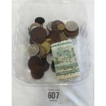 TUB OF MIXED BRONZE NICKEL & OTHER METAL FOREIGN COINAGE