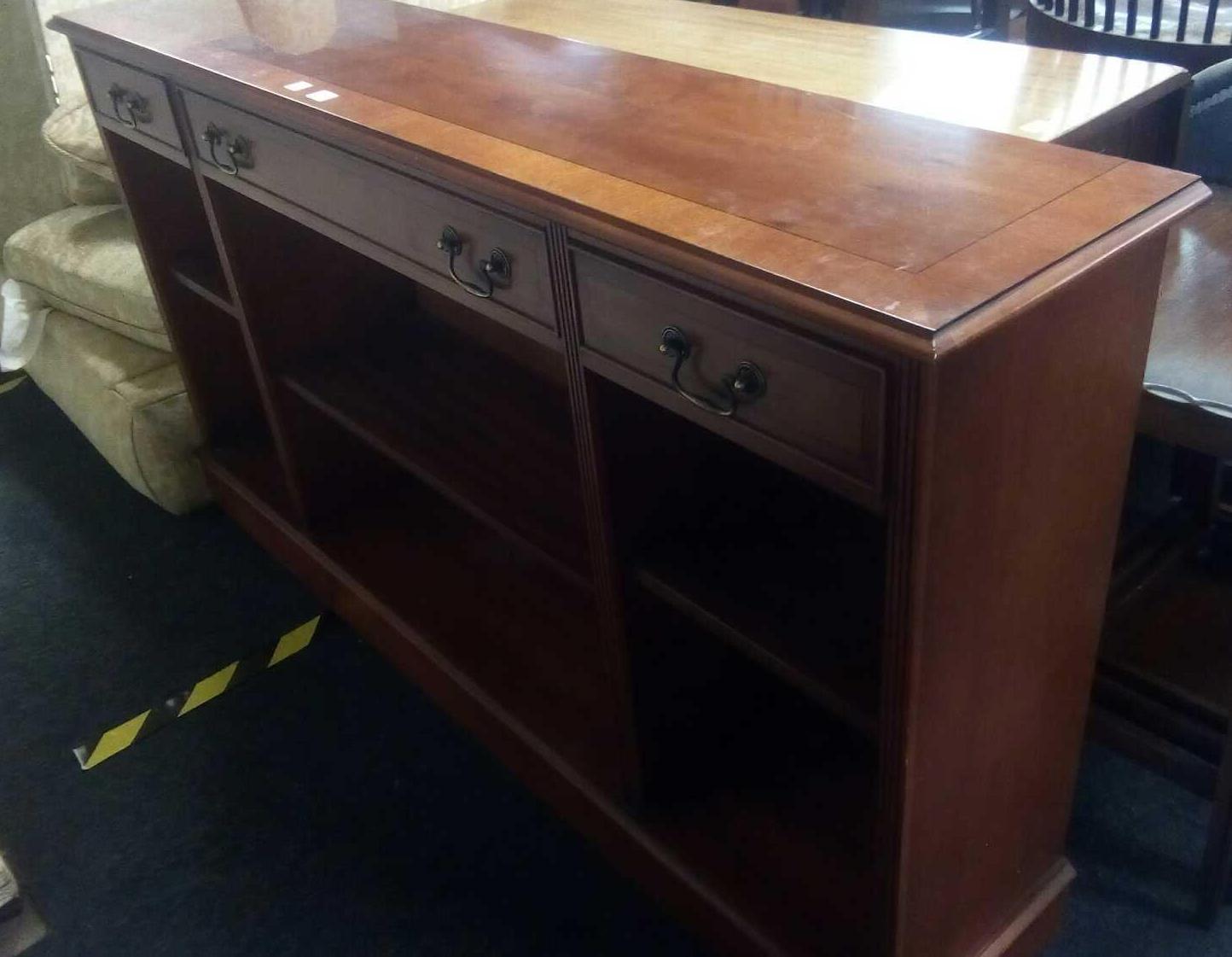 YEW WOOD SIDEBOARD WITH THREE DRAWERS & SHELVING