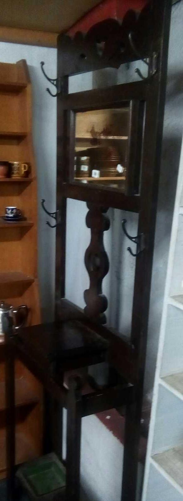 1920's OAK CARVED HALL STAND WITH COAT HOOKS & BEVELLED MIRROR (A/F)