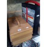 BEECH WOOD CANTILEVER SEWING BOX & A PLASTIC FLIP BIN WITH 16 COMPARTMENTS