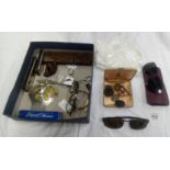 CARTON OF MIXED BRIC-A-BRAC INCL; SILK HANDKERCHIEF'S HARMONICA'S, GLASSES & AA BADGE