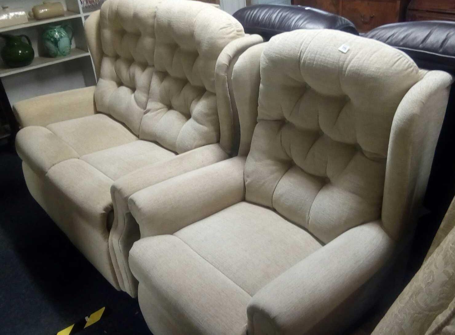 BEIGE UPHOLSTERED 2 SEATER SETTEE & MATCHING ARMCHAIR