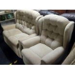 BEIGE UPHOLSTERED 2 SEATER SETTEE & MATCHING ARMCHAIR