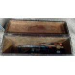 OBLONG WOODEN TOOL BOX WITH CONTENTS
