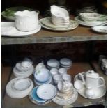 TWO SHELVES OF MIXED CHINAWARE, PART TEA SET, BONE CHINE BY GAINSBOROURGH & STONE WARE CUPS &