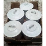 FIVE WHITE ENAMEL VINTAGE KITCHEN CANS, TEA, COFFEE ETC