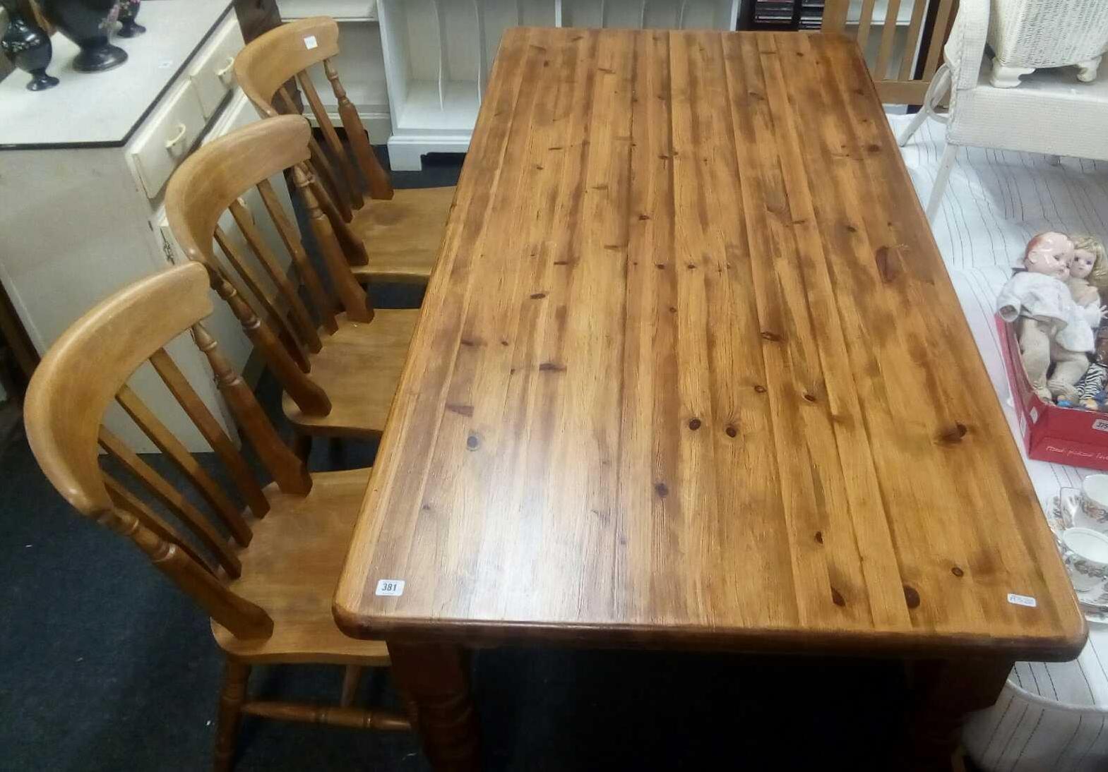 LARGE PINE FARM HOUSE TABLE 6FT X 3FT WITH THREE BEECH WOOD CHAIRS