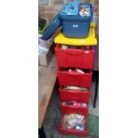 FIVE DRAWER PLASTIC STORAGE UNIT WITH LARGE QTY OF BUTTONS & A GREY CARRY CASE WITH MOULDING CRAFT