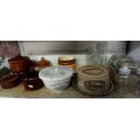 SHELF WITH ST IVEL CHEESE DISH & COVER,GLASSWARE, A QUICK COOKER BOWL & SMALL CASSEROLE DISHES