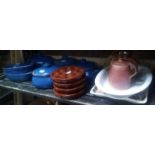 THREE BLUE DENBY CASSEROLE DISHES, 1 WITH LID & THREE BLUE DENBY STEW POTS WITH LIDS, 4 BROWN EGG