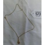 AN OVAL 9ct DROP ON A FINE 9ct NECK CHAIN