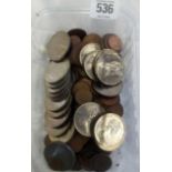 CARTON OF MIXED NICKEL & COPPER COINAGE AND A ROLL OF QUEEN ELIZABETH & PHILLIP MARRIAGE CROWNS