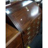 INLAID MAHOGANY BUREAU WITH HINGED LID, FOUR DRAWERS & BRASS DROP HANDLES