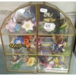 SMALL MIRROR BACK GLASS DISPLAY CABINET WITH CERAMIC BUTTERFLY ON FLOWERS