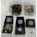 TWO TUBS OF MIXED COINAGE INCL; NICKEL BRONZE & COMMEMORATIVE CROWNS