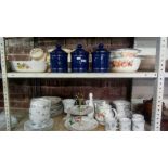 TWO SHELVES OF MIXED CHINAWARE INCL; KITCHEN STORAGE JARS, PYREX CASSEROLE DISHES