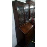 MAHOGANY VENEERED GLAZED BUREAU BOOKCASE WITH KEY