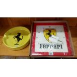 SQUARE FERRARI CLOCK IN BOX & A FERRARI YELLOW ASHTRAY