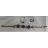 AN AMETHYST THREE STONE ROSE GOLD BRACELET & MATCHING AMETHYST ROSE GOLD RING. APPROX 17g IN 12 OR