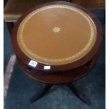 SMALL CIRCULAR LEATHER TOPPED WINE TABLE WITH PEDESTAL & SMALL BEDSIDE CABINET & A BEDROOM CHAIR
