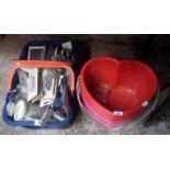 SIX HEART SHAPED PLASTIC BUCKETS & A CARTON OF STONE MOSAIC TILES