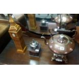 LARGE OLD COPPER & BRASS KETTLE ON POURING STAND, COFFEE GRINDER & BIG BEN BLENDED WHISKY BOTTLE