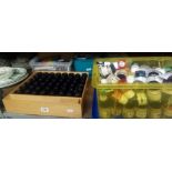 LARGE QTY OF HOBBY PAINTS, CRAYONS, FABRIC PINS IN VARIOUS PLASTIC & WOODEN CONTAINERS