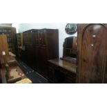 OAK CARVED LINEN FOLD BEDROOM SUIT COMPRISING, GENTS WARDROBE, LADIES WARDROBE & DRESSING TABLE WITH