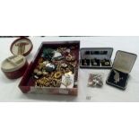CARTON OF COSTUME JEWELLERY, CHAINS, EARRINGS, BROOCHES ETC