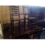 LARGE OLD DINING TABLE A/F 5FT 6'' LONG WITH 4 LADDER BACK STRUNG SEATED CHAIRS PLUS 2 CARVER CHAIRS