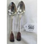 A PAIR OF EARLY VICTORIAN EXETER SILVER TEA SPOONS 1839 BY J.OSMANT