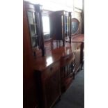 LARGE INLAID MAHOGANY MIRROR BACK SIDEBOARD / DRESSER WITH PILLARS, CUPBOARD, DRAWERS & SHELVING 6FT