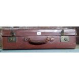BROWN VINTAGE LEATHER TYPE SUITCASE WITH CONTENTS,COAT HANGERS, BAGS ETC