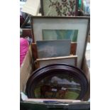 CARTON OF F/G PICTURES, A SPODE COMMEMORATIVE PLATE OF A HORSE & FOAL & A CRIMPER TILE