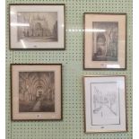 FOUR F/G ETCHINGS/PRINTS OF EXETER CATHEDRAL ETC