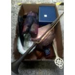 CARTON OF MISC BRASS WARE INCL; CHESTNUT ROASTER, KUKRI,BOXED KNIVES & FORKS, OLD CAMERA & A