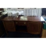 INLAID MAHOGANY SIDEBOARD WITH BOW FRONTED CUPBOARDS, DRAWERS & BRASS DROP HANDLES 5FT LONG